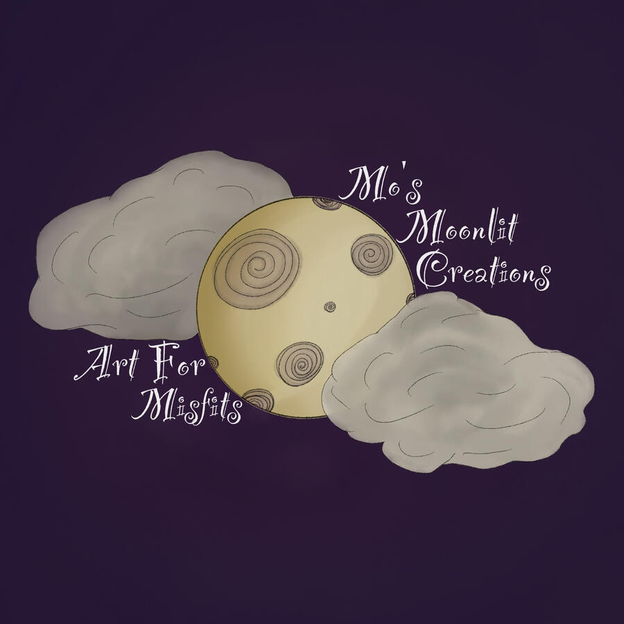 The Mo’s Moonlit Creations logo; a moon with a cloud on both sides of it & the tagline “Art for Misfits” to the left.