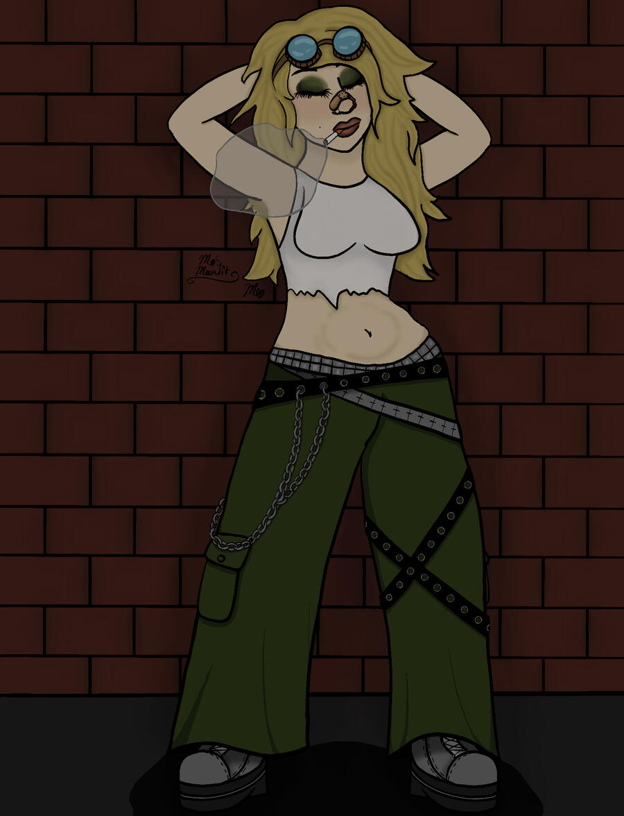A digital full-body drawing of a white young adult fem individual in baggy green pants & a variety of belts standing in front of a brick wall. Their hands are lifted up & resting on the back of their head, fluffy blonde hair falling around their shoulders.