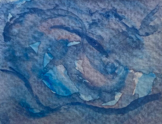 A photo of a watercolor painting. It's a mess of slightly blurry blue in varying shades with some muted pink, looking a bit like waves or perhaps fabric flowing in the wind. The shapes are what you make of them. This piece is called “See / Breathe” .