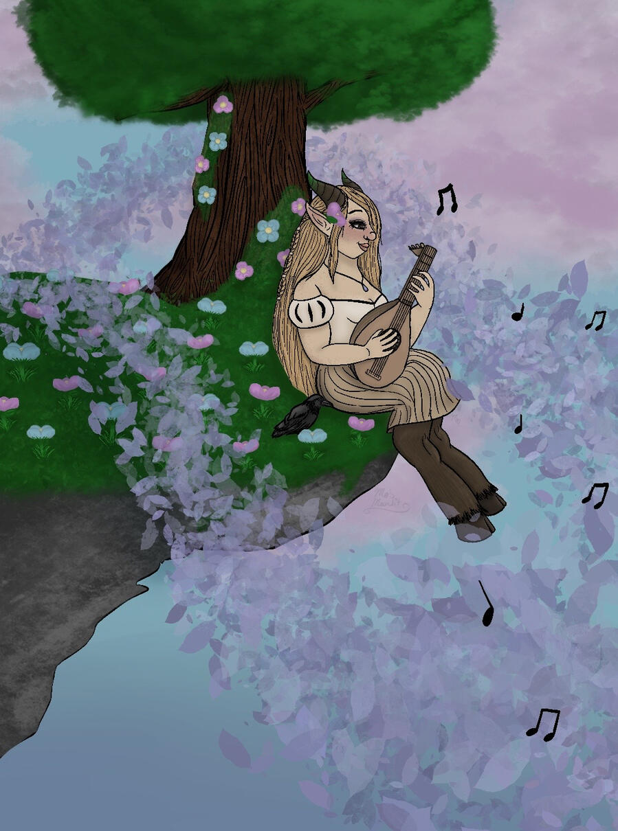 A digital full-body drawing of a satyr girl sitting on the edge of a lush cliff, playing a lute. Beside her is a beautiful tree, covered with moss & flowers like the cliff she sits upon. A crow sits to her right, calm as lavender leaves float past them.