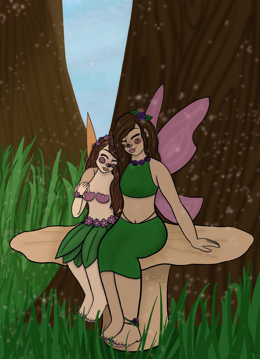 A digital full-body drawing of two fem fairies sitting on a cream-colored mushroom at the base of a tree, leaning into each other & looking very happy.