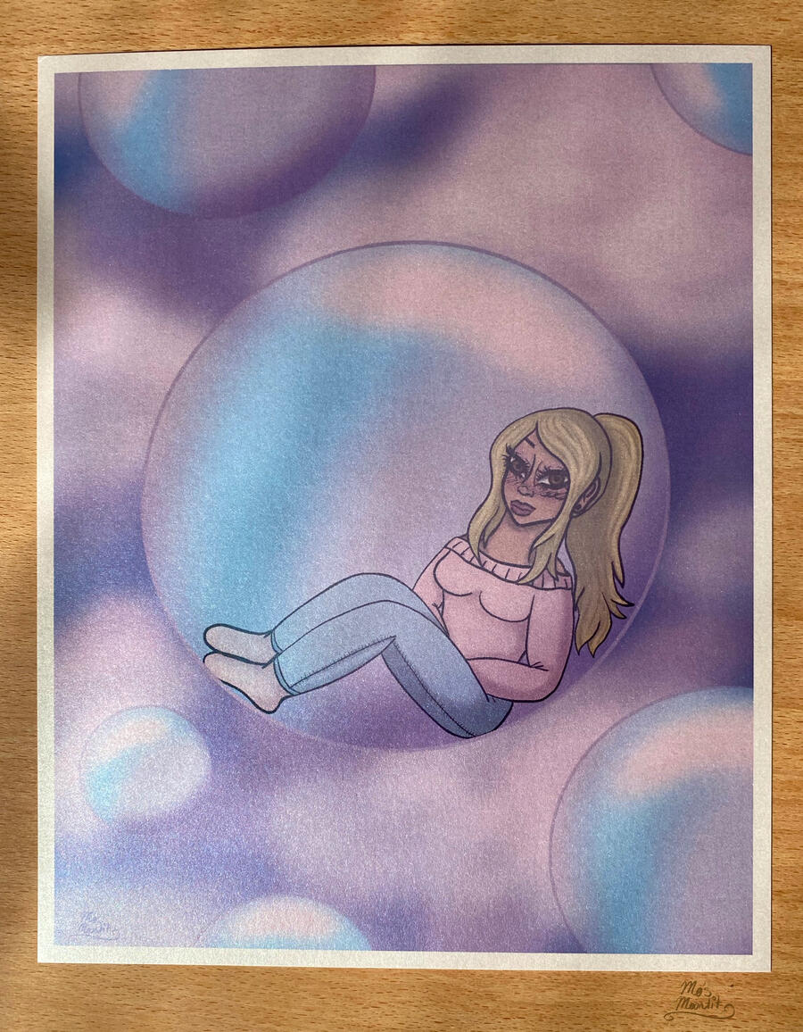 A sparkly 8x10 inch art print of a young tan woman sitting in a bubble, floating amongst pastel clouds & smaller bubbles.