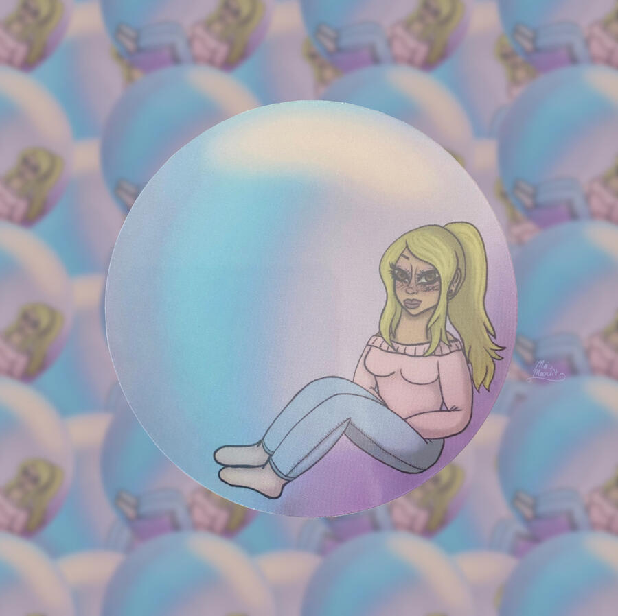 An 3x3 inch vinyl circle sticker of a young tan woman sitting in a bubble.