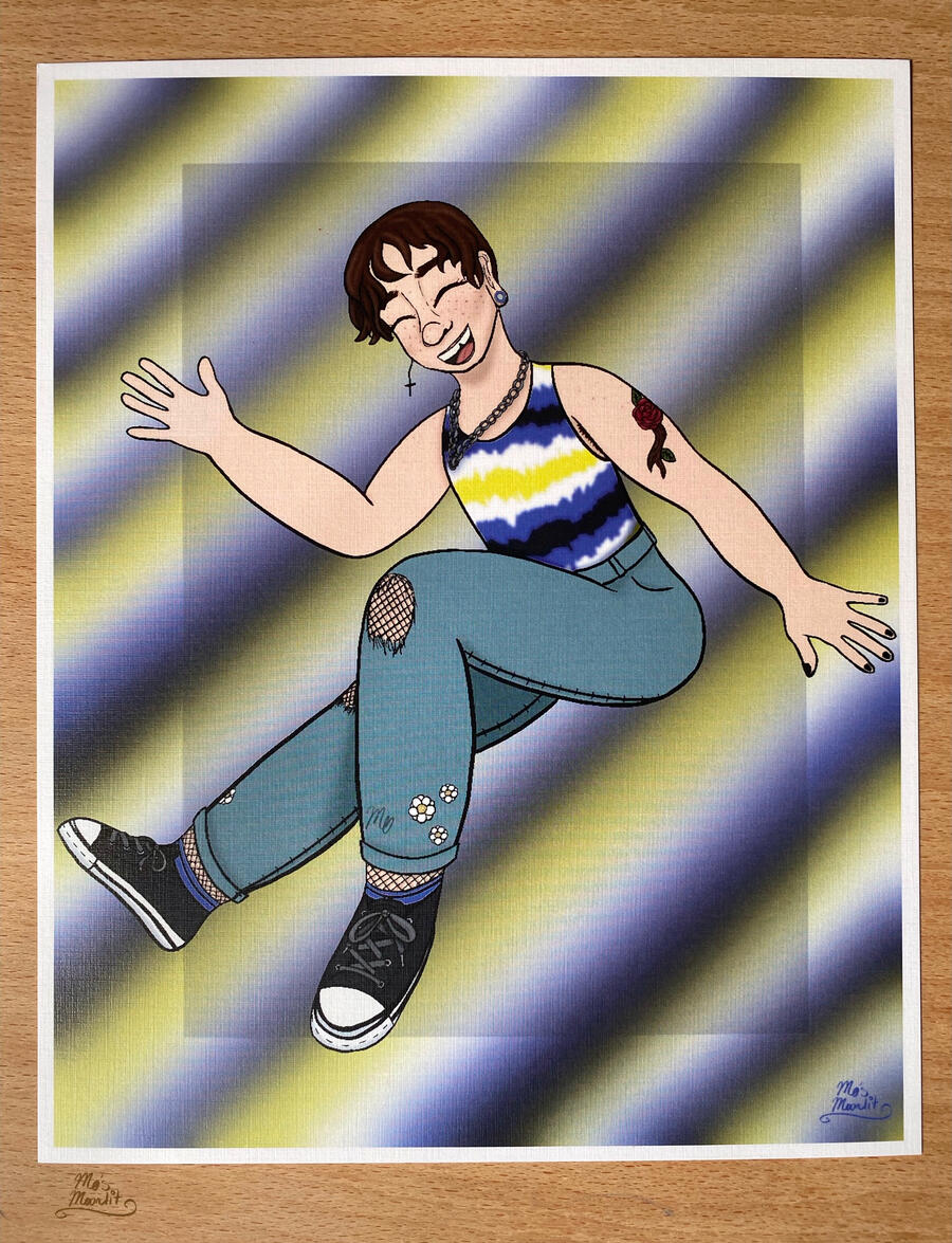 An 8x10 inch art print of a white young adult transmasc individual in a nonbinary flag tie dye binder and light-colored jeans with holes in the knees. A huge smile is on their face.