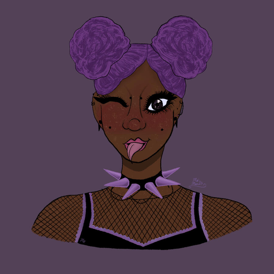 A digital bust drawing of a black girl with bright purple hair, winking & sticking her tongue out. She has an array of piercings, a purple spiked collar, & a fishnet shirt under a tank top with matching purple lace.