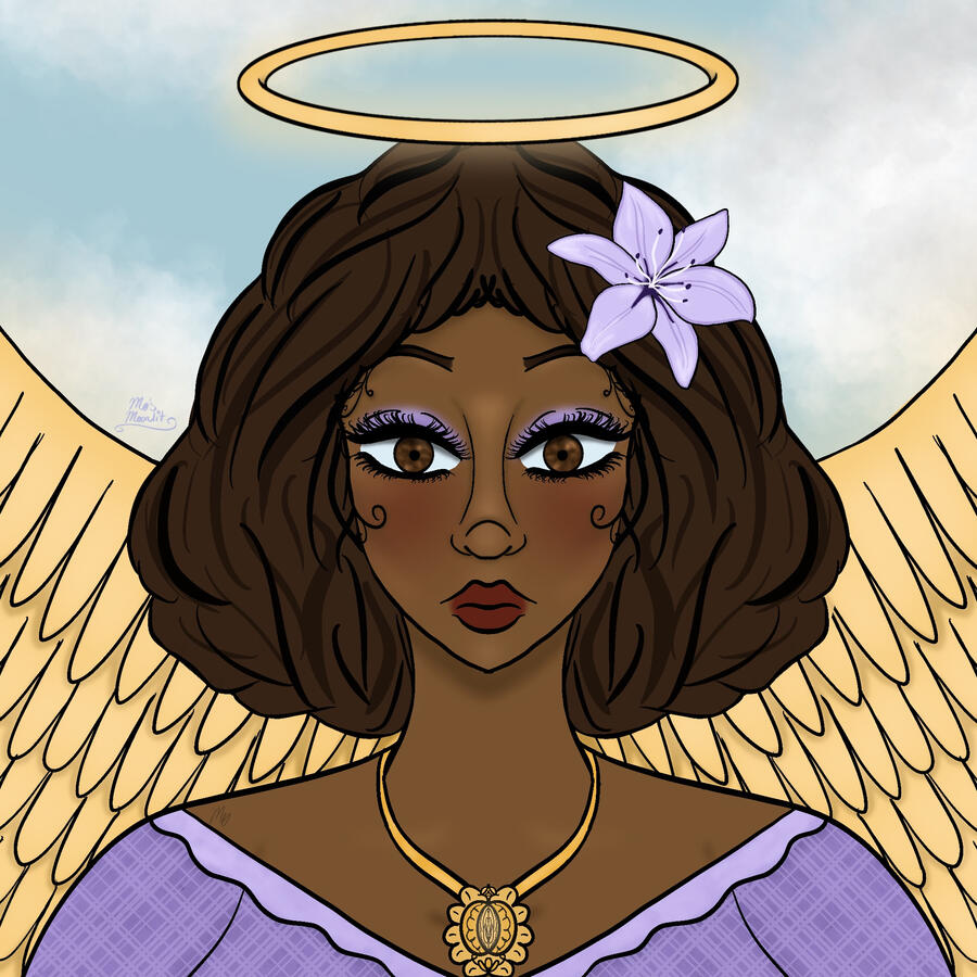 A digital bust drawing of a black angel with dark brown hair. She wears lavender clothing, a matching lavender flower sitting in her hair. A glowing halo sits above her head, matching wings extended outwards & out of view.