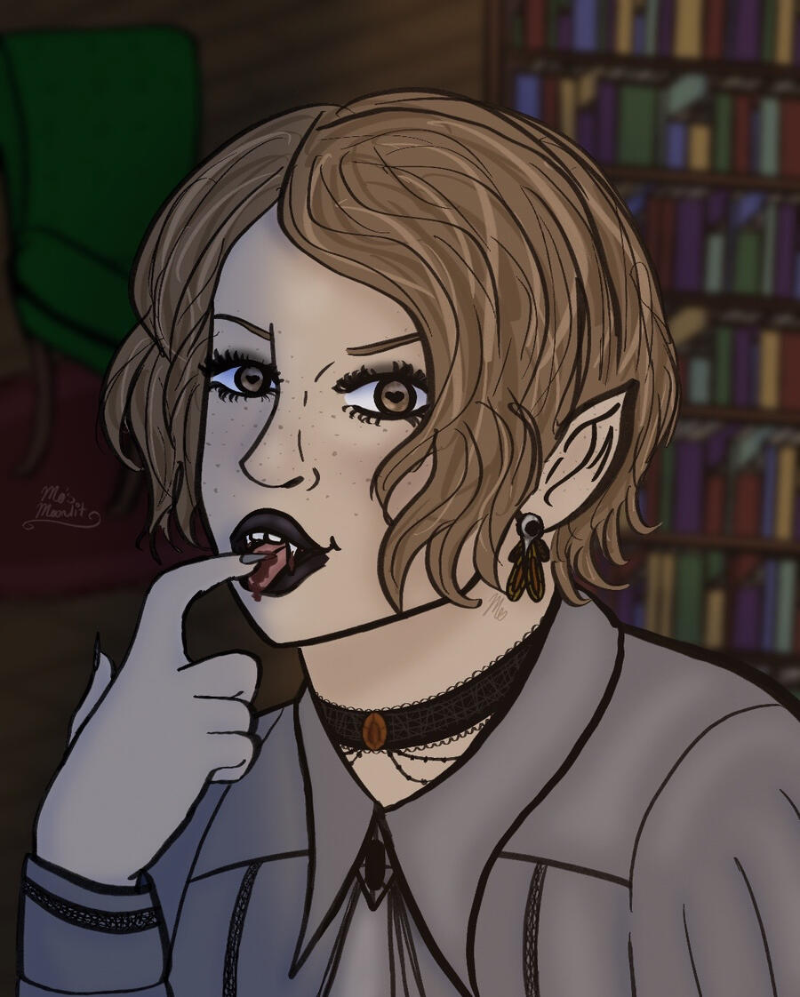 A digital bust illustration of a lighter-skinned vampire with freckles & one visible pointy ear, a bookshelf behind him to the right & a cozy green armchair on a red oval rug to the left.